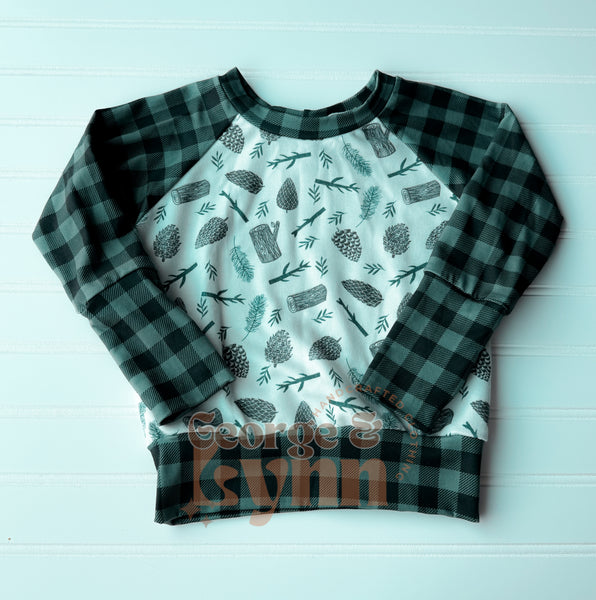 Grow With Me Pine Cone Plaid Raglan Pullovers