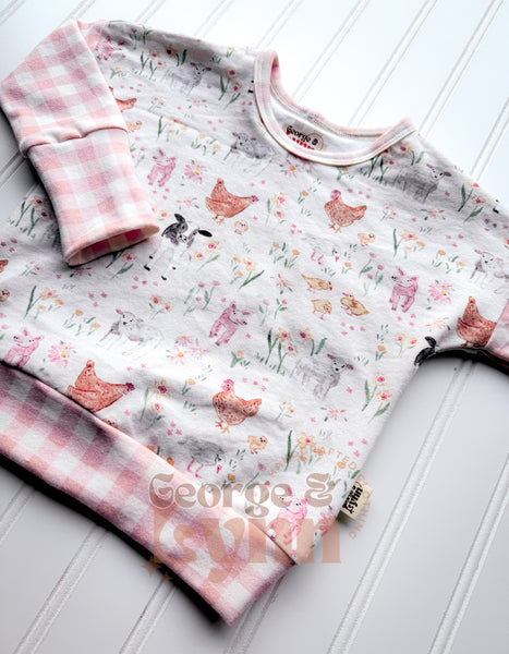 Grow With Me Dolman – Farmyard Friends (Blush Check)