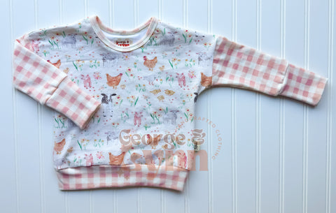 Grow With Me Dolman – Farmyard Friends (Blush Check)
